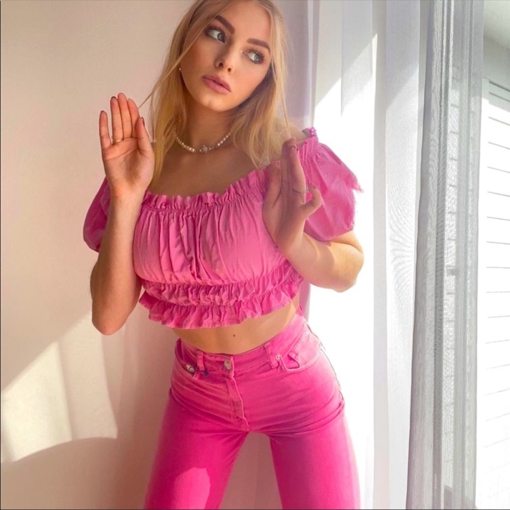 Zara Pink off the shoulder Cotton poplin top